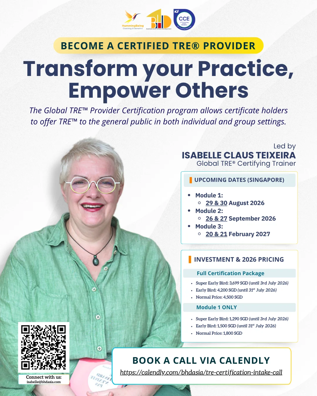 Become a Certified TRE™ Provider — Modules 1–3 dates (Module 3: 20 & 21 February 2027) and 2026 pricing. Led by Isabelle Claus Teixeira